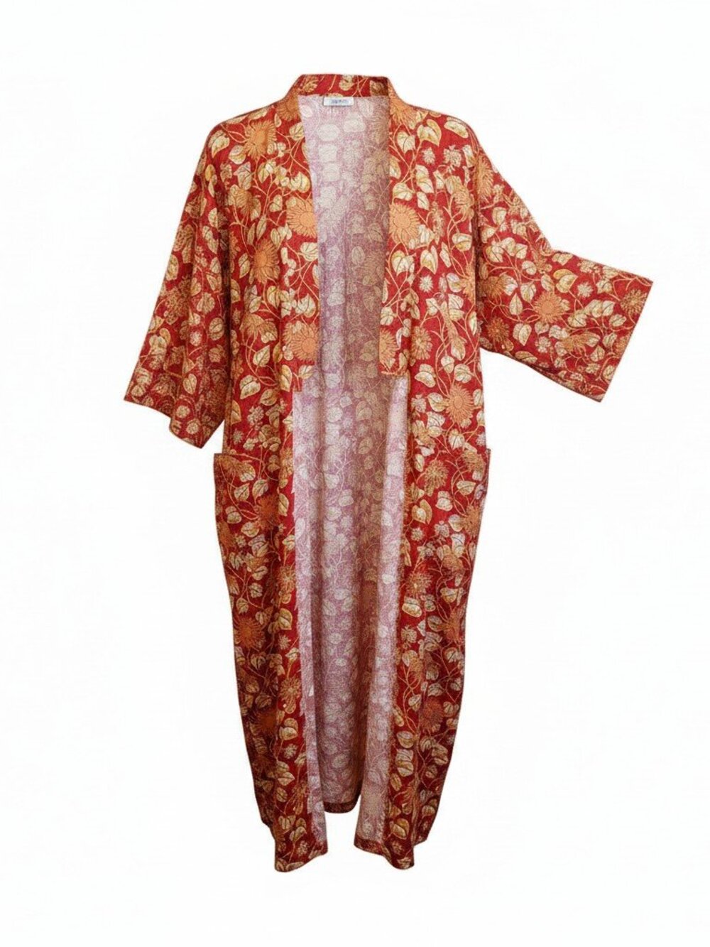 Natural Habitat Indian Block Printed Gold Tone Leaves & Sunflowers Robe 52" Long